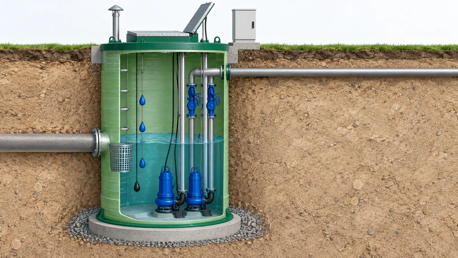 Cutaway working principle of an underground GRP prefabricated sewage pump station