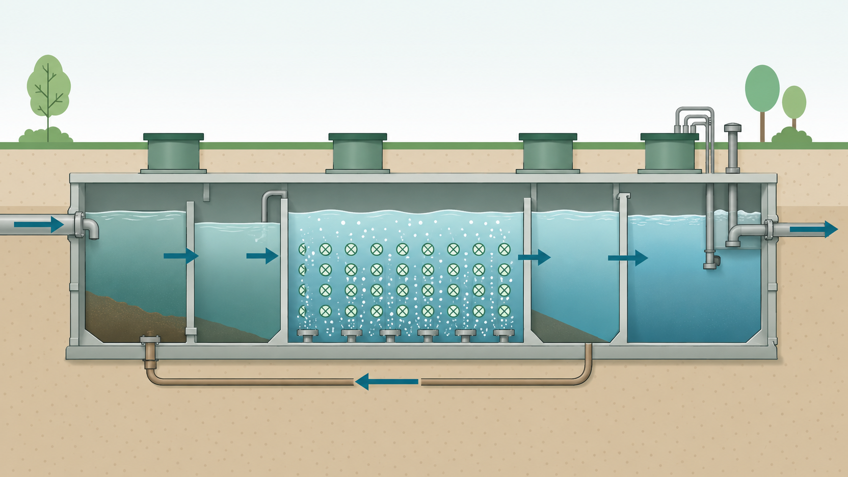 Conceptual working principle of a buried YHWJ-A carbon-steel wastewater treatment system, showing inlet, biological treatment with biofilm media and aeration, sludge return and outlet flow.